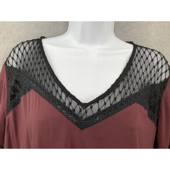 Express Blouse Womens Sz L Maroon Lace Sheer Relaxed Romantic‎ Peasant Boho - Picture 4 of 11